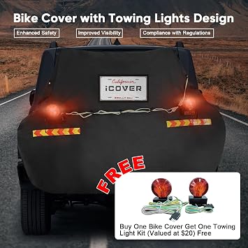 iCOVER Bike Cover for 2 Bikes transport on Hitch Rack, with Tail Lights & License Plate Pocket, 600D Heavy Duty Waterproof bicycle E-Bike Cover for transportation, Incl Towing Light & Bungee Cargo Net