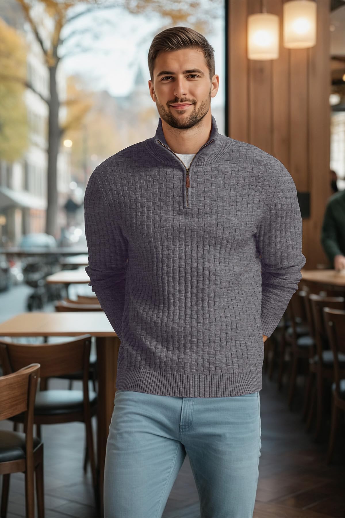 QIXING Herren Viertelzip Waffelstrick Strickpullover Halbhoher Kragen Dicker Winterpulli Casual mit 1/4-Reißverschluss