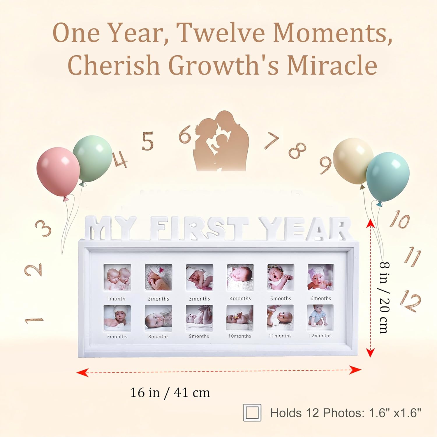 MICKYU My First Year Baby Picture Frame - 12 Month Milestone Collage Keepsake for Newborn to One Year, Gender Neutral Nursery Wall Decor & New Mom Gift