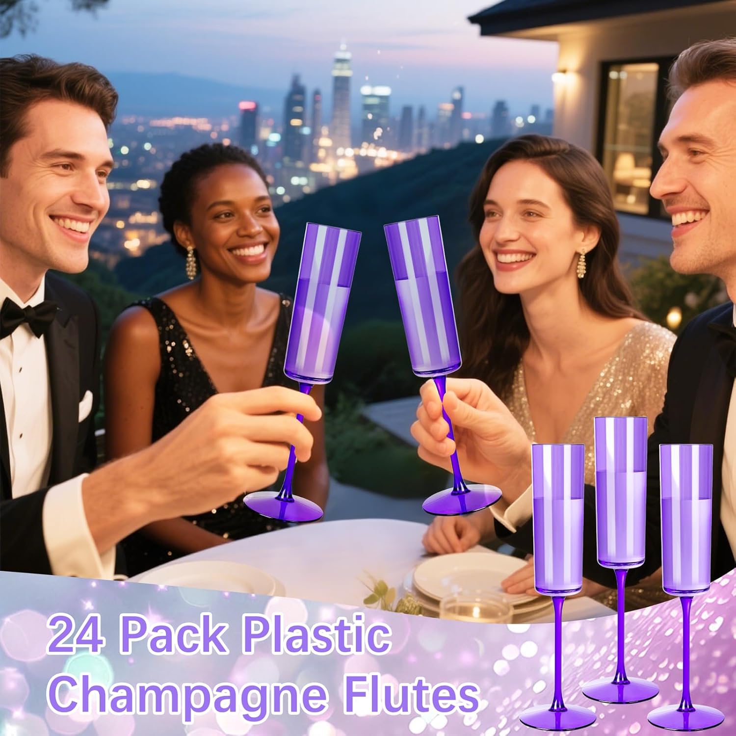 YOUBET 24 Pack Purple Plastic Champagne Flutes -6 Oz Clear Purple Champagne Glasses - Square Plastic Toasting Glasses for Birthday Anniversary Wedding & Mardi Gras Party - Image 3