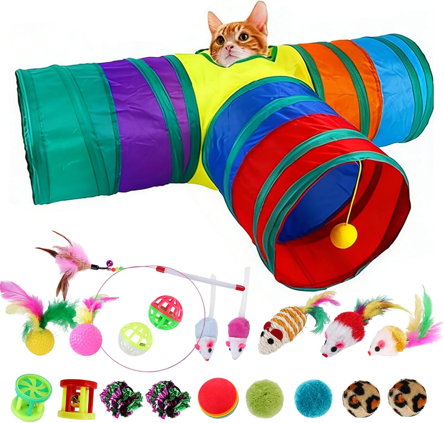 Túnel Interativo para Gatos com 3 Entradas Dobrável, Inclui Palito de Gato Engraçado, Brinquedos com Bolinhas, Ratinhos e Penas, Colorido
