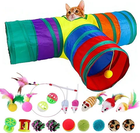 Túnel Interativo para Gatos com 3 Entradas Dobrável, com Palito, Bolinhas, Ratinhos e Penas