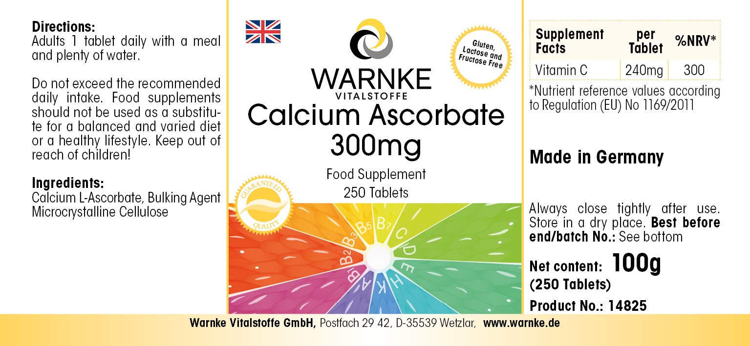 Ascorbate de Calcium 300mg - Vitamine C - 250 comprimés - Végétarien - Douce à l'estomac | Warnke Vitalstoffe - Qualité des pharmacies allemandes
