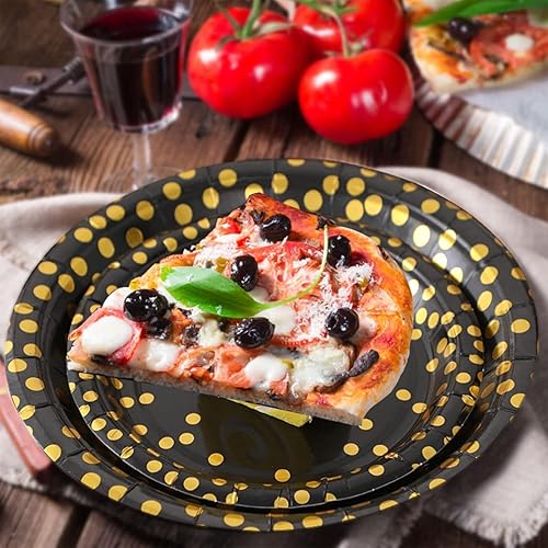 Miniatura 6 de Birthdayparties Platos redondos de papel desechables para todas las ocasiones, platos de papel de puntos dorados, paquete de 50 unidades, 25 x 9 y