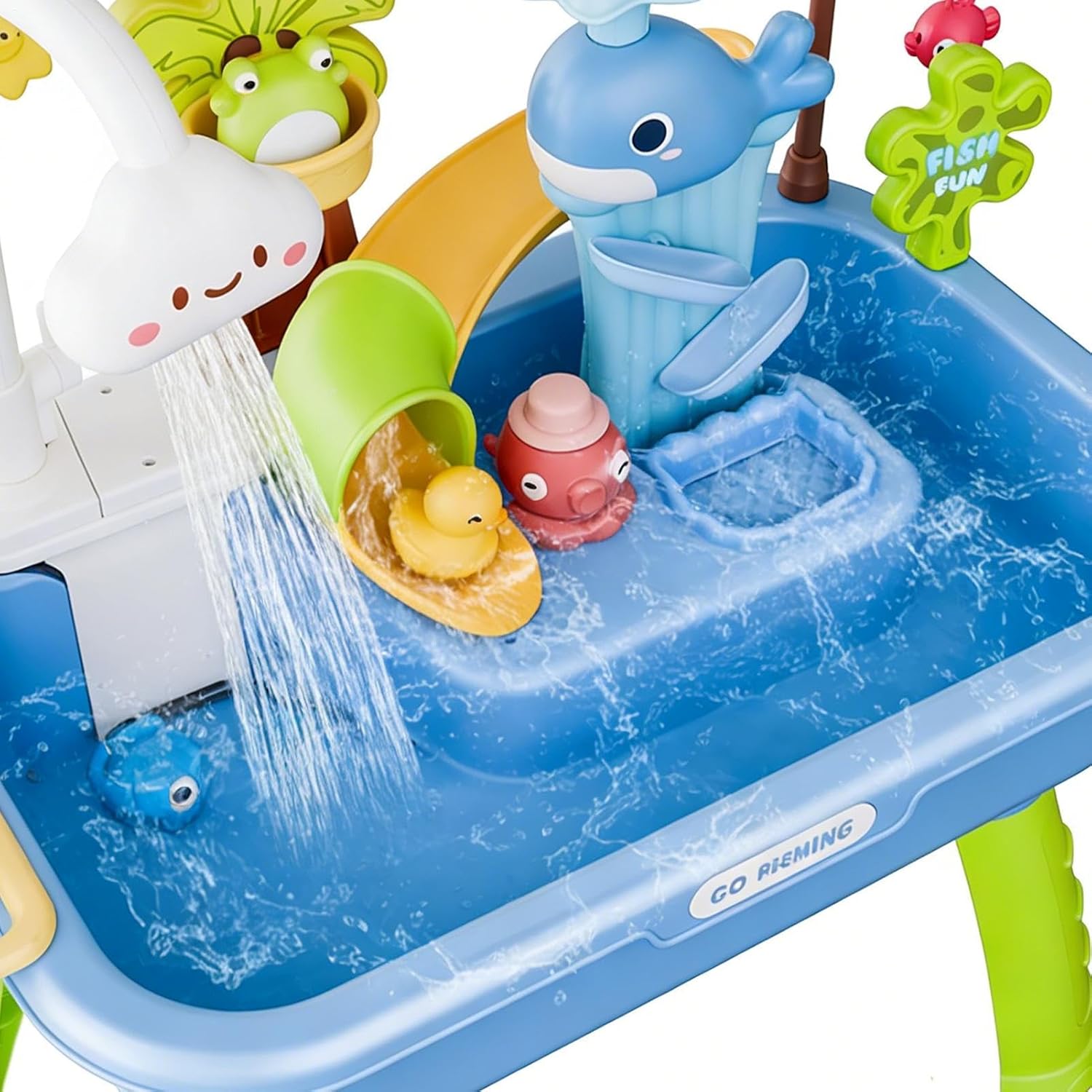 Water Feature Table for Children, Rain Shower Splash Pond for Toddlers, Water Table for Playing in the Kitchen, 4 and 1 Play Sinks with Pump, Flowing Water for 4-8 Summer Beach Pool