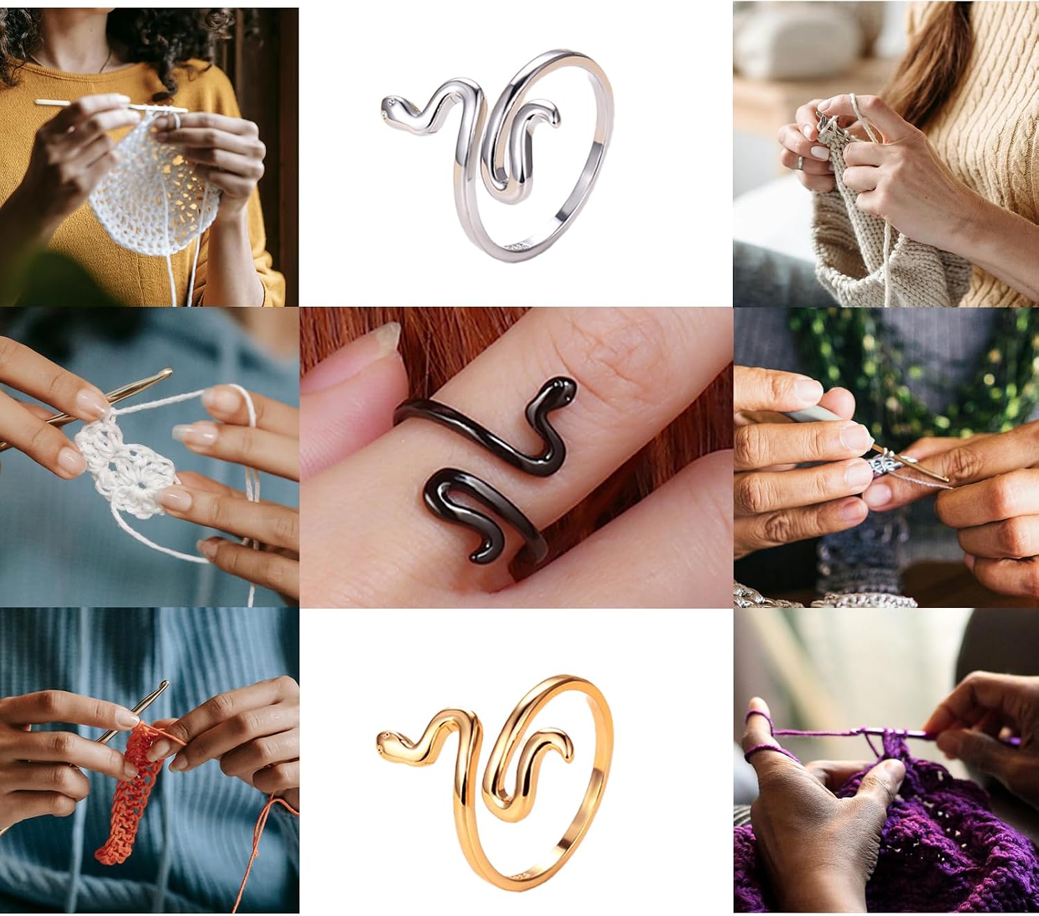 LAYASIMON Crochet Tension for Yarn Finger Holder Knitting Adjustable Ring notions for Women Crochet aid Thread Loop Guide Finger Holder,Snake Ring. (Silver, Gold, Black Gold)