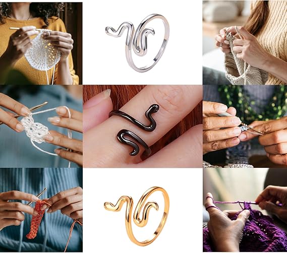 LAYASIMON Crochet Tension for Yarn Finger Holder Knitting Adjustable Ring notions for Women Crochet aid Thread Loop Guide Finger Holder,Snake Ring. (Silver, Gold, Black Gold)