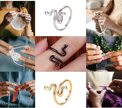 LAYASIMON Crochet Tension for Yarn Finger Holder Knitting Adjustable Ring notions for Women Crochet aid Thread Loop Guide Finger Holder,Snake Ring. (Silver, Gold, Black Gold)