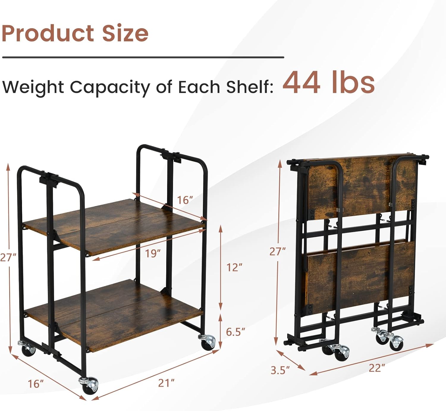 Giantex Foldable Storage Shelves with Wheels, No Assembly 2-Tier Rolling Cart, 2 of The Wheels Have Locks, Microwave Utility Cart Baker Rack, Portable Storage Rack w/Metal Frame, for Kitchen, RV