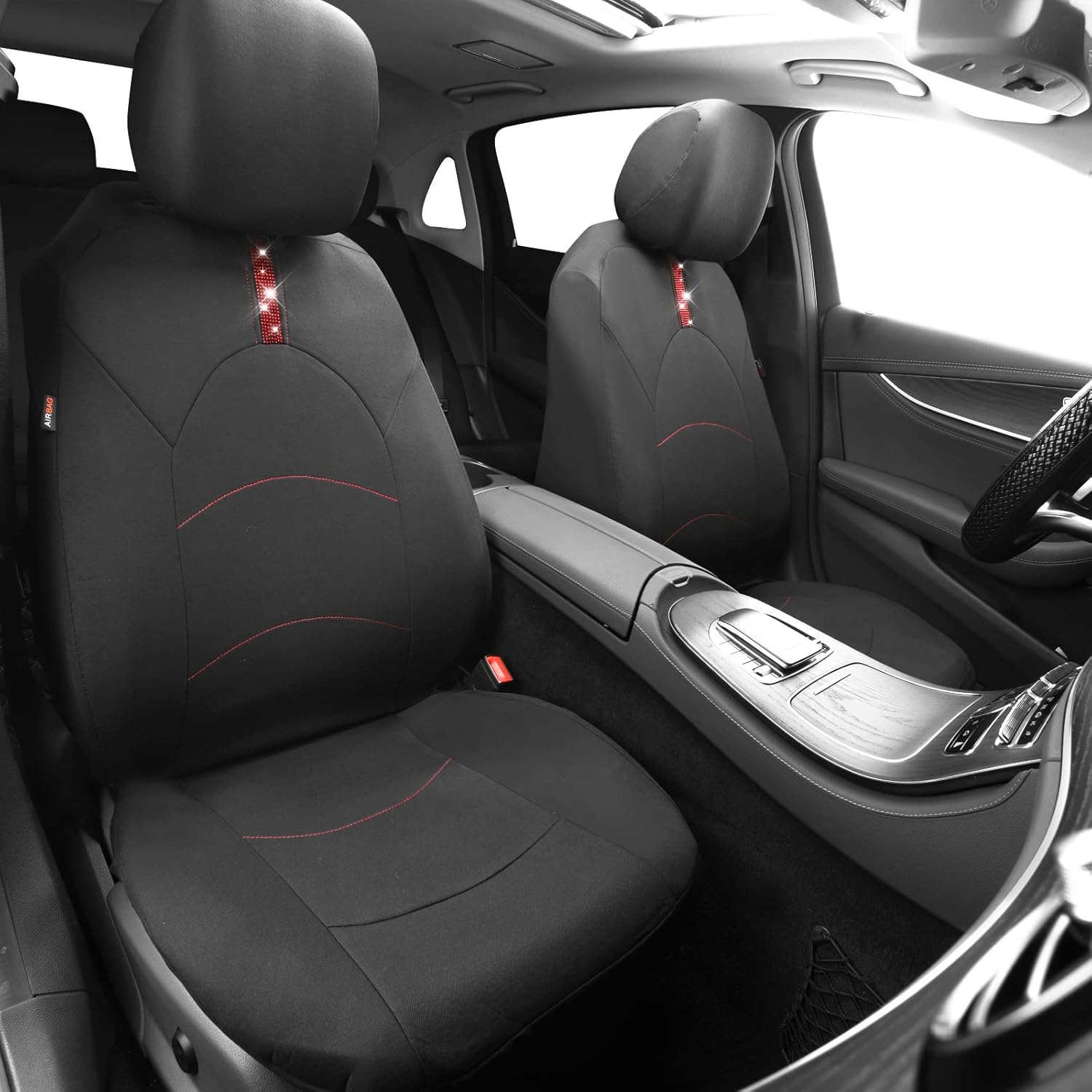 Outlet Cloth Rhinestone Bling Diamond Car Seat Covers Full Set, Universal Fit 95% Car, Airbag Compatible, Zipper Rear Armrest, Breathable with Glitter Crystal Sparkle Strips for Women (Black Red)