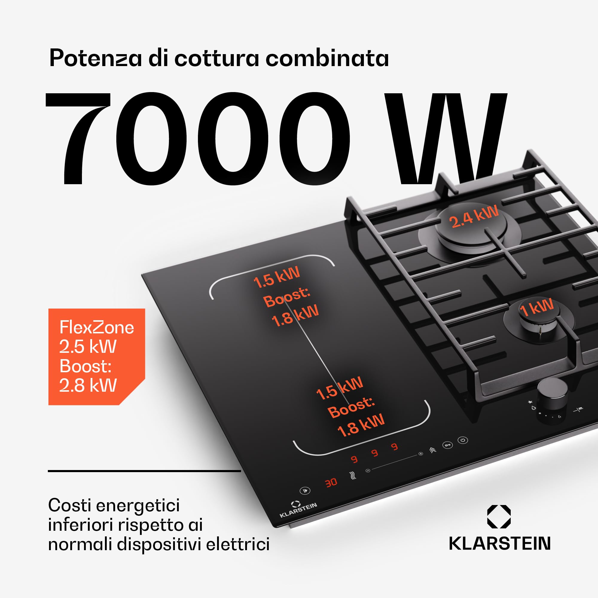 Klarstein MultiChef 4 - Piano Cottura A Induzione E Gas, 4 Zone, 2 Gas & 2 Induzione, Flexzone, Controllo Con Cursore, Stop&Go, Timer, Nero, 58,5 Cm, Design Compatto