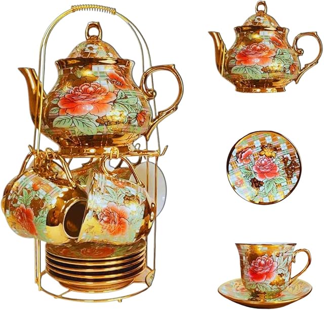 Green Globe - 13 pcs Ceramic Tea Set for Tea or Coffee with Metal Holder | Elegant Design Flower Tea Set with Increased Size Tea Cups and teapot | Beautiful Tea Set for The Gift