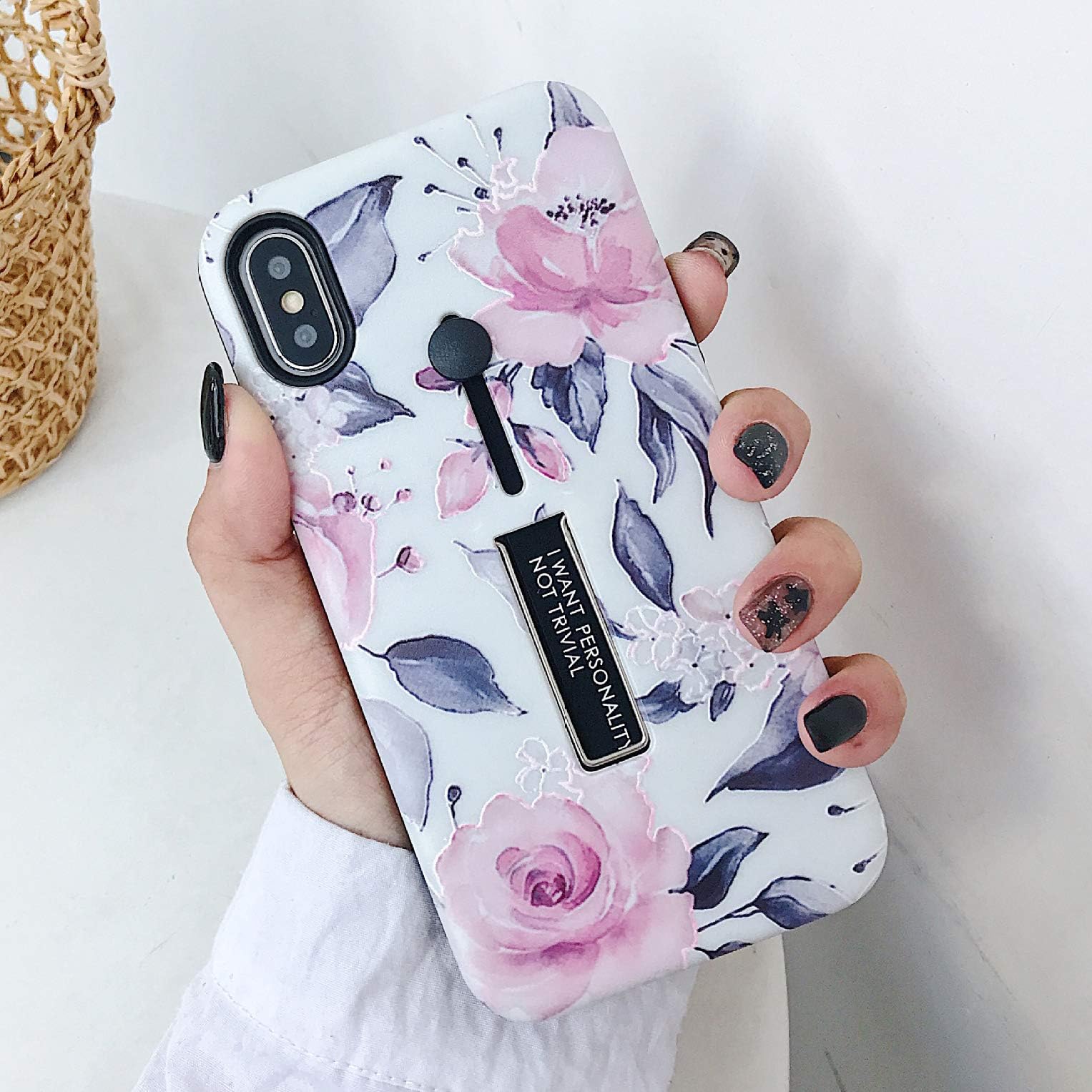 MADINCN iPhone XR Case Finger Grip,3D Embossed Pink Flowers Gray Shell Design,Rugged Shockproof Slim Fit Dual Layer Finger Ring Loop Strap Case,Invisible Bracket Phone case for iPhone XR (White)