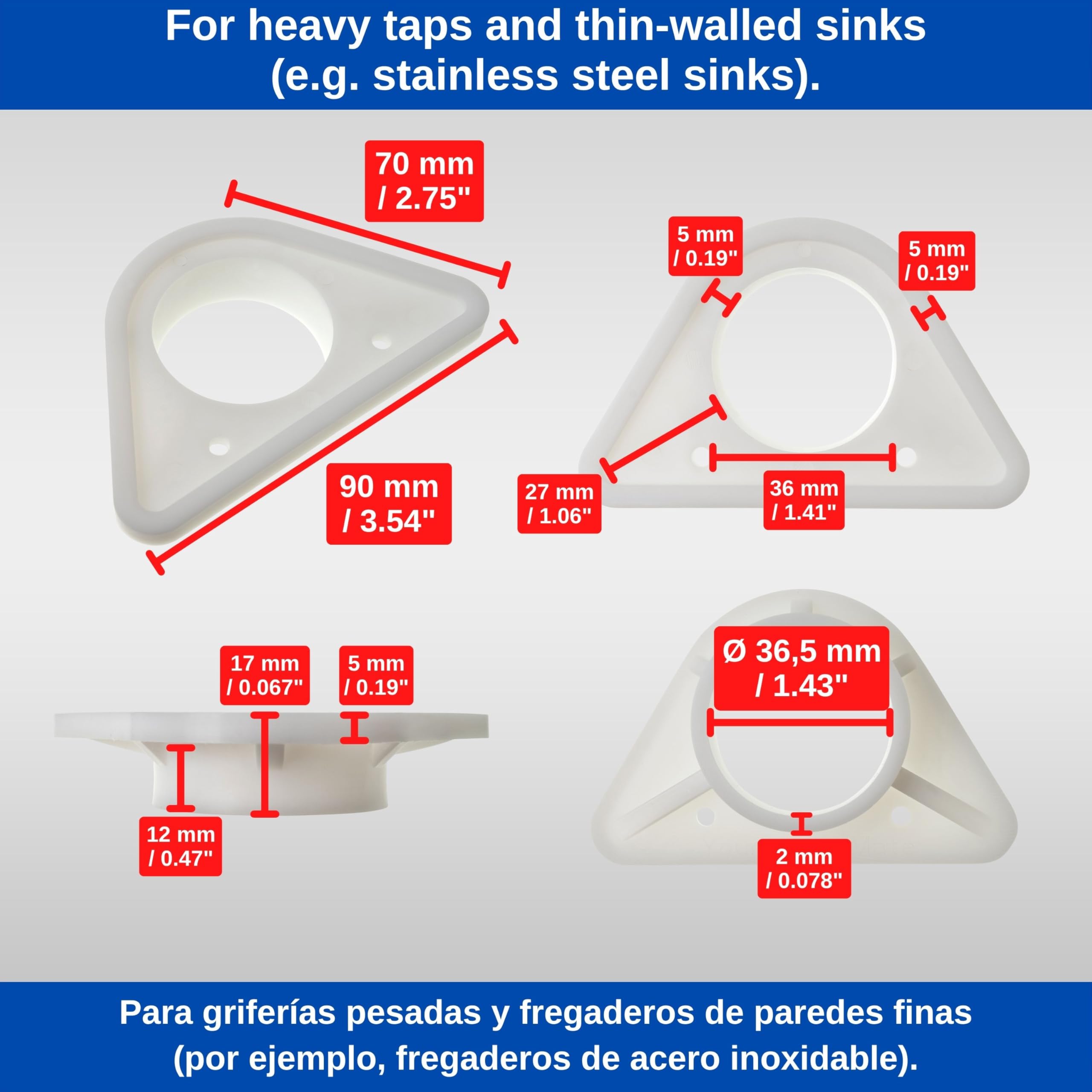 Rinforzo per lavello, 2 pezzi, bianco, in ABS, misura standard con foro interno Ø 36,5 mm, stabilizzatore per lavelli in acciaio inox a parete sottile