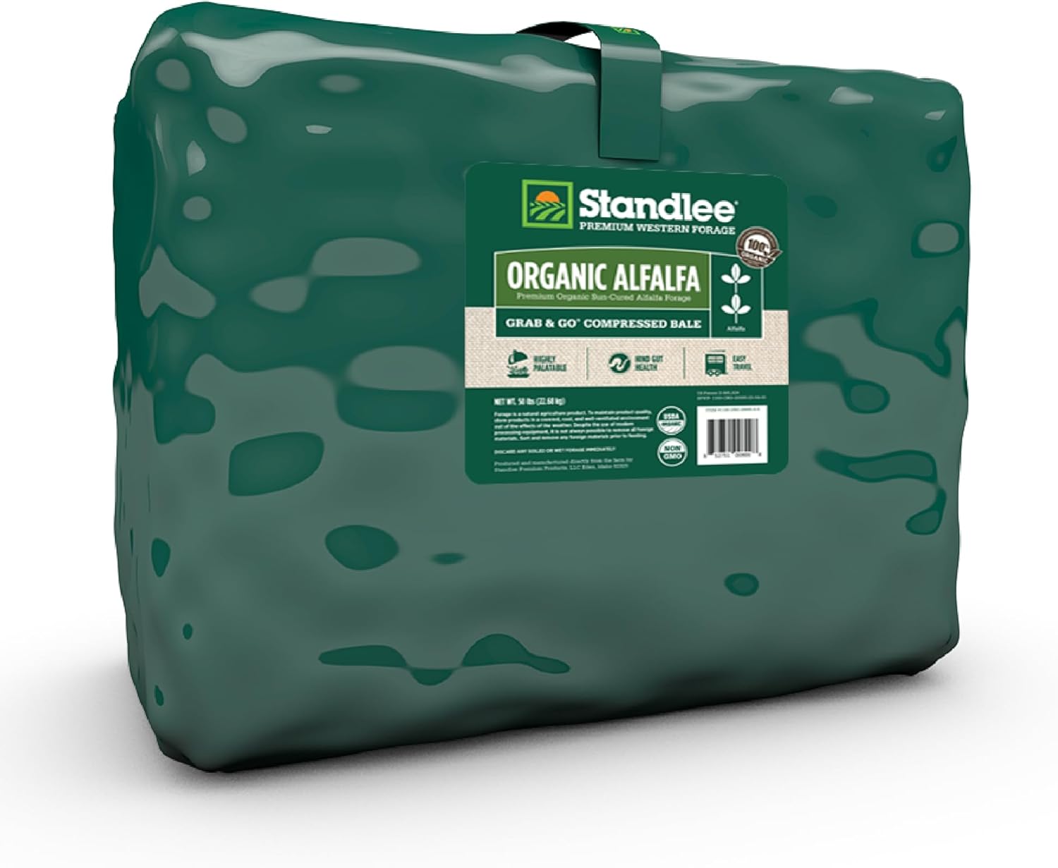 standlee Organic Alfalfa Grab & Go Compressed Hay Bale, Organic Alfalfa for Horses & Livestock, 50 lbs