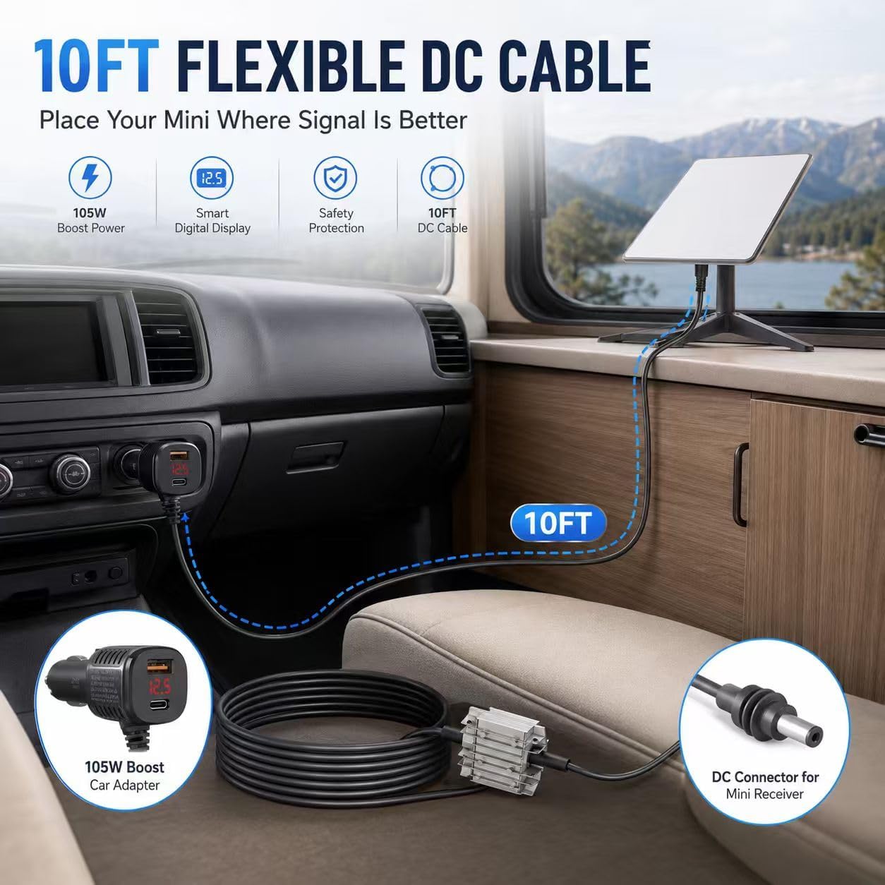 105W Boost Starlink Mini Car Adapter, Reduces Reboots & Power Supply Issues, Starlink Mini Cable + Cigarette Lighter Adapter 12V-24V with Digital Display DC Power Cable for Cars, RVs and Boats, 10FT