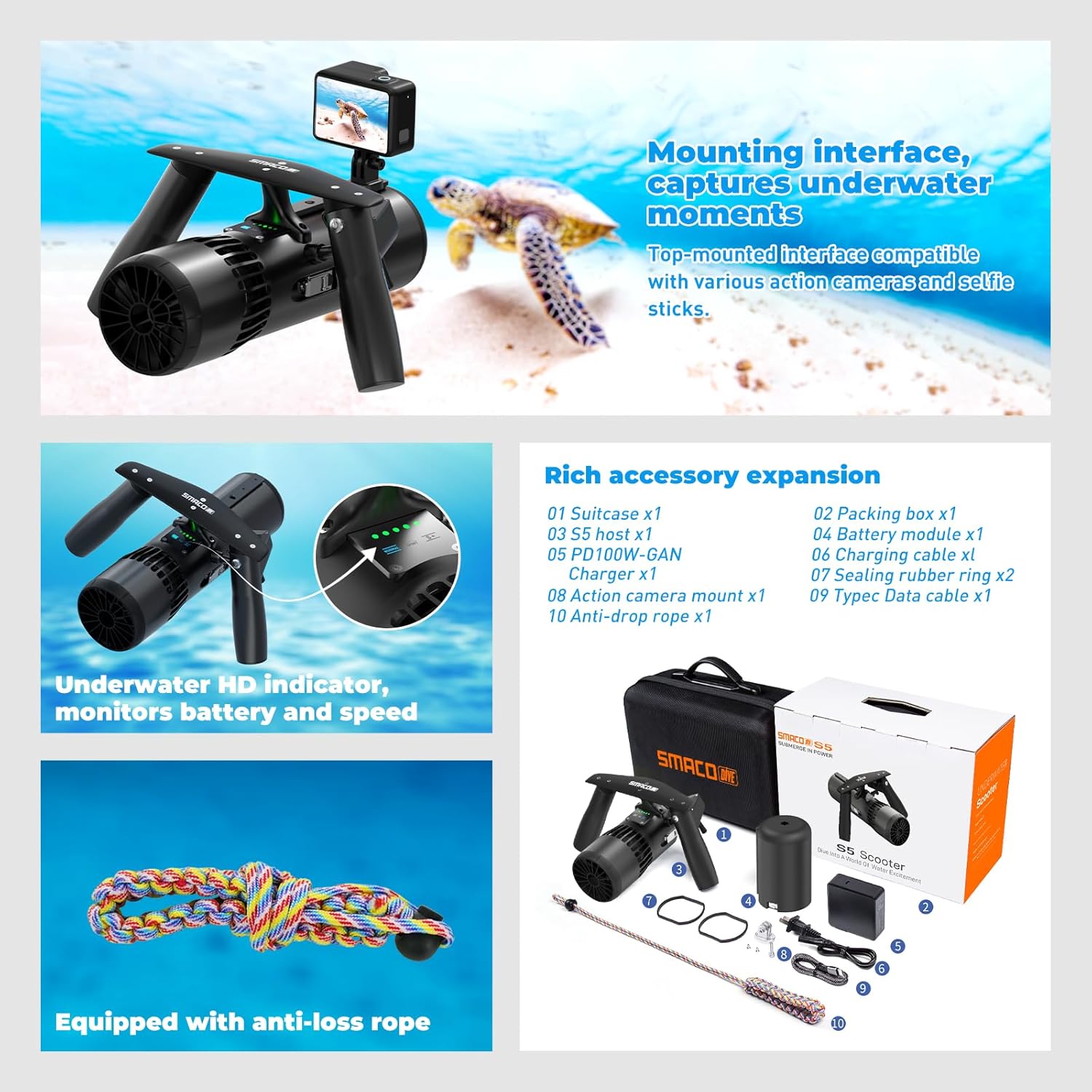 SMACO Underwater Scooter with 60 Minutes of Use Time, Portable Sea Scooter with Three Speed Adjustment with Action Camera Mount with Rechargeable Battery for Diving/Snorkeling in Pool/Sea/River