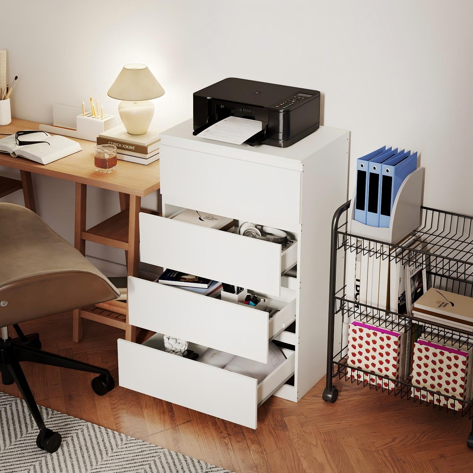 Cassettiera Camera da Letto in Legno Bianca Larghezza 60 cm Cassettiere Bianche 4 Cassetti, Comodino Cassettiera e Credenza Bianco per Ufficio Soggiorno Corridoio Mobili(60x40x98CM)