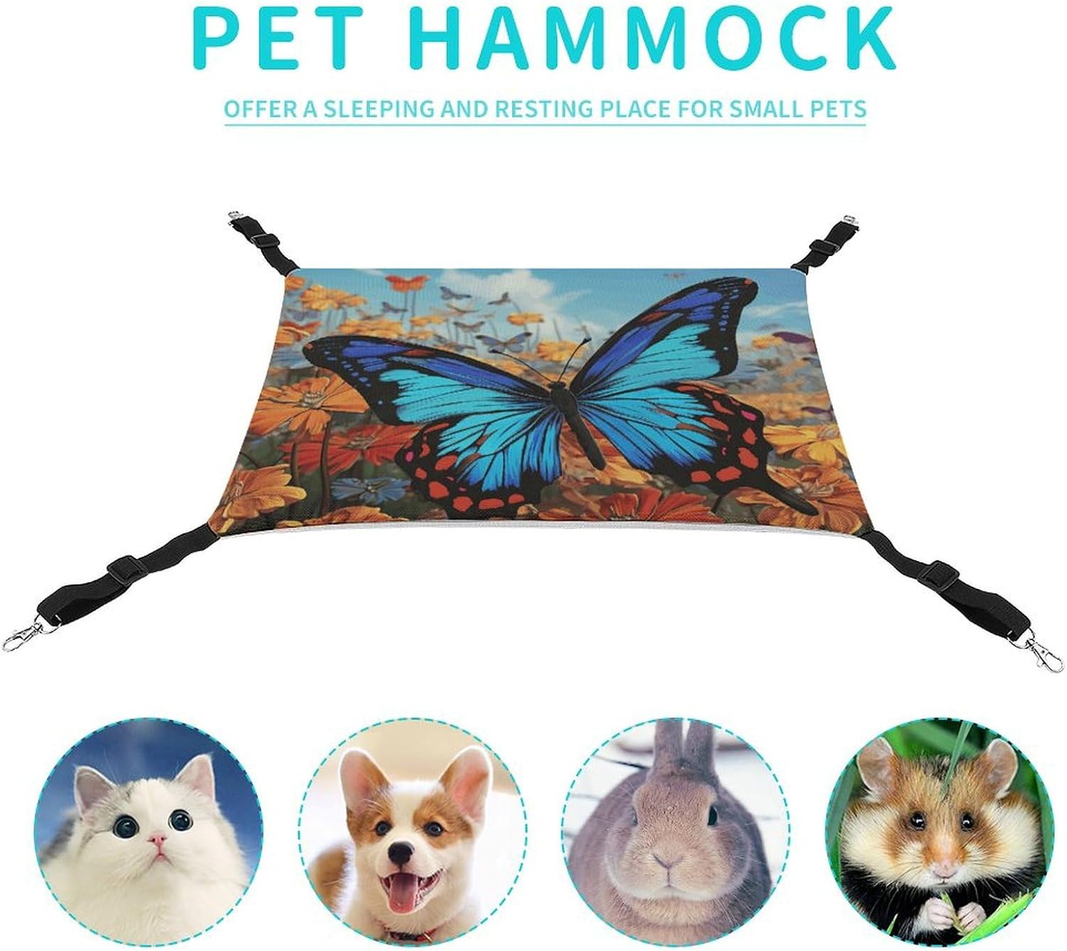review Hanging Pet Hammock, Big Butterfly Printed Soft Breathable Pet Hammock with Adjustable Straps and Metal Hooks for Cats Small Dogs Rabbits Sugar Gliders