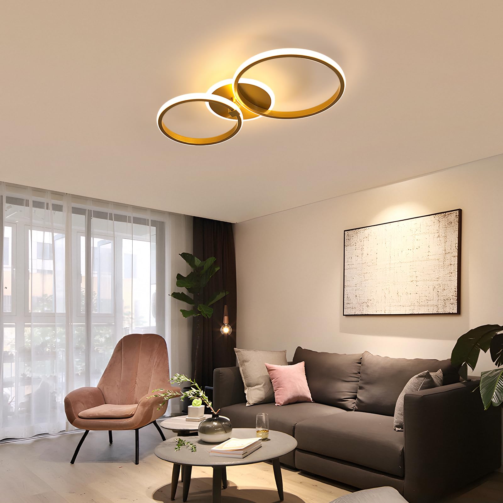 LED Deckenleuchte Gold Runden, 42W Schlafzimmer Deckenlampe Modern, Creative LED Lampe Deckenbeleuchtung für Wohnzimmer Schlafzimmer Küche, Warmweiß Licht 3000K