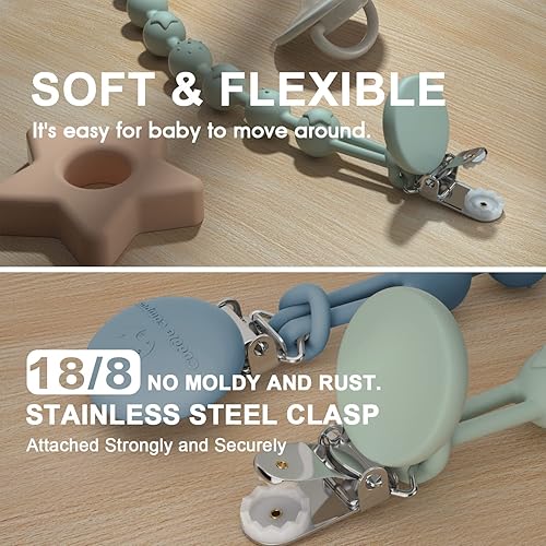 Miniatura 4 de Cuddle Campus Soporte de clip de silicona para chupete con diseño de una pieza, paquete de 4 clips suaves y flexibles con textura para bebé niño y