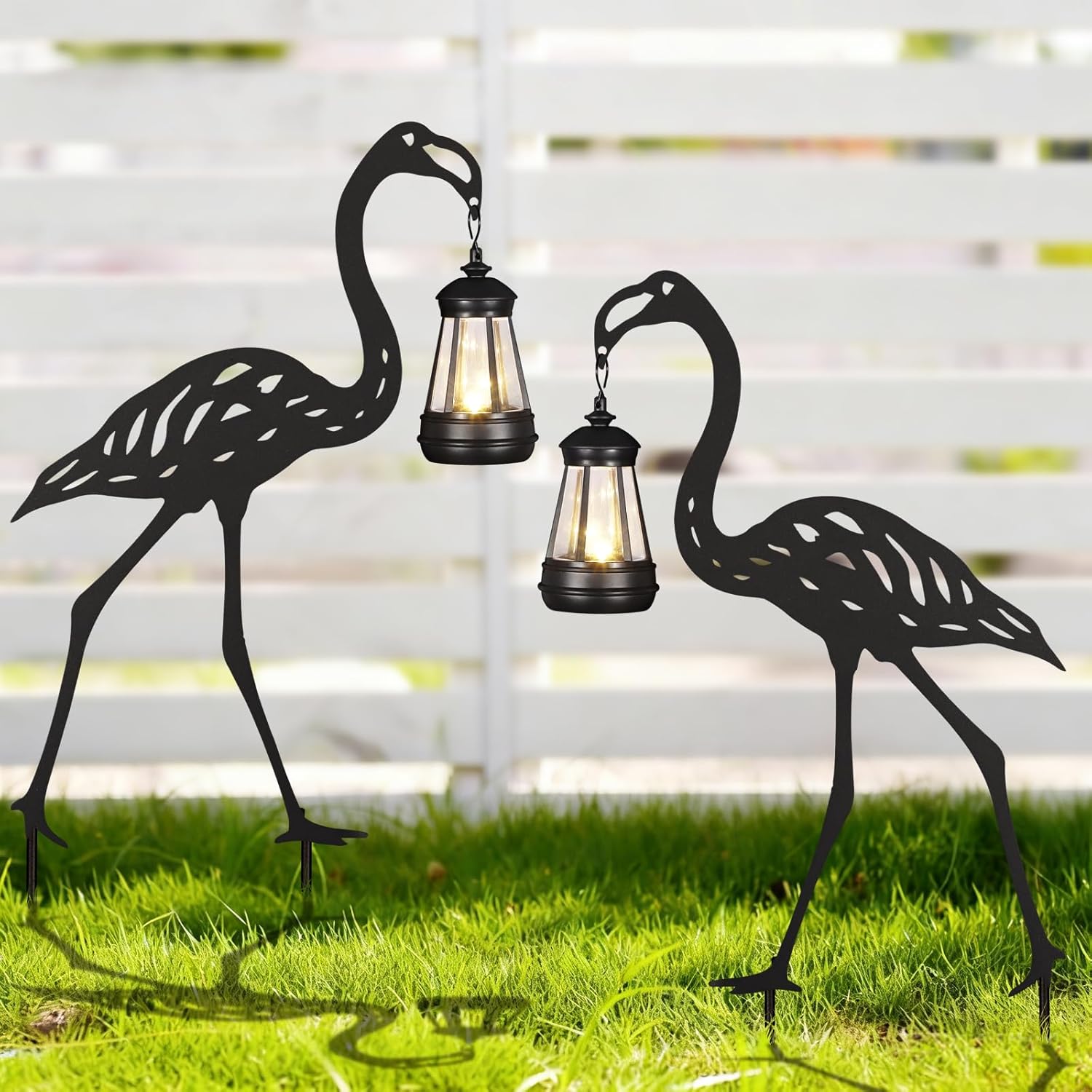 Flamingo Metal Garden Stakes Decorative 2Pack,Solar Lights Outdoor Garden Decor Stake,Birthday Gifts for Mom Women,Decorative Metal Housewarming Ornament for Lawn Patio Yard Pathway Black.