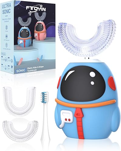 FTOYIN Cepillo de dientes eléctrico en forma de U para niños con 3 cabezales de cepillo, 5 modos, recordatorio inteligente, astronautas de dibujos