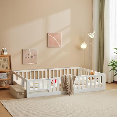 Montessori Lit d'enfant Lit au Sol 90x190 cm (Blanc) LEADZM