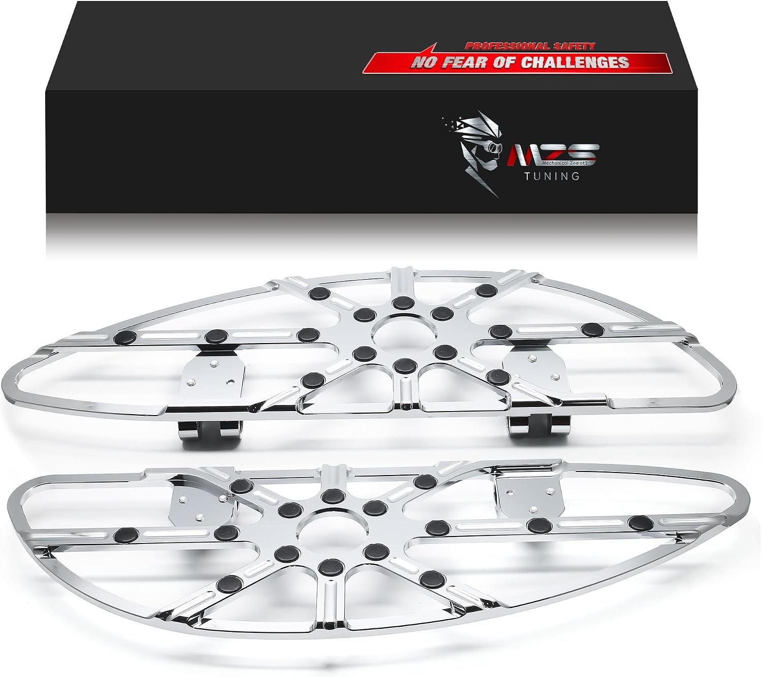 MZS Motorcycle Floorboards Driver, Touring Footboards Rider Front Foot Pegs Skeleton Stretched Chrome Compatible with Road Glide Electra Street Glide Softail Road King Ultra Limited Trike FLD