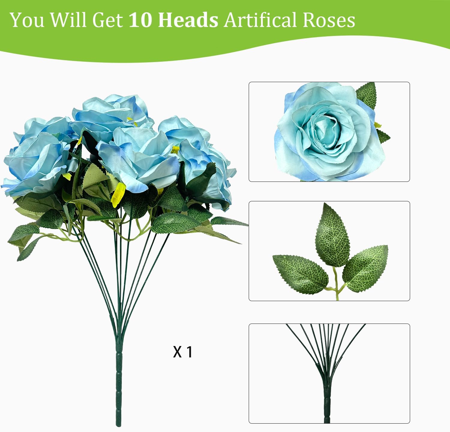 10 Heads Artificial Rose Flowers Fake Roses Silk Realistic Bouquet for DIY Wedding Bridal Shower Party Table Centerpieces Home Decorations Blue - Image 2