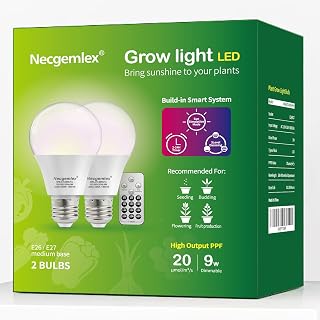 Necgemlex Smart LED Grow Light Bulbs with Remote Controller, Sun Simulation Mode, Built-in Auto Timer, A21/A70 E26/E27 9W Dimmable Full Spectrum Intelligent Plant Grow Bulbs for Indoor Plants, 2 Pack