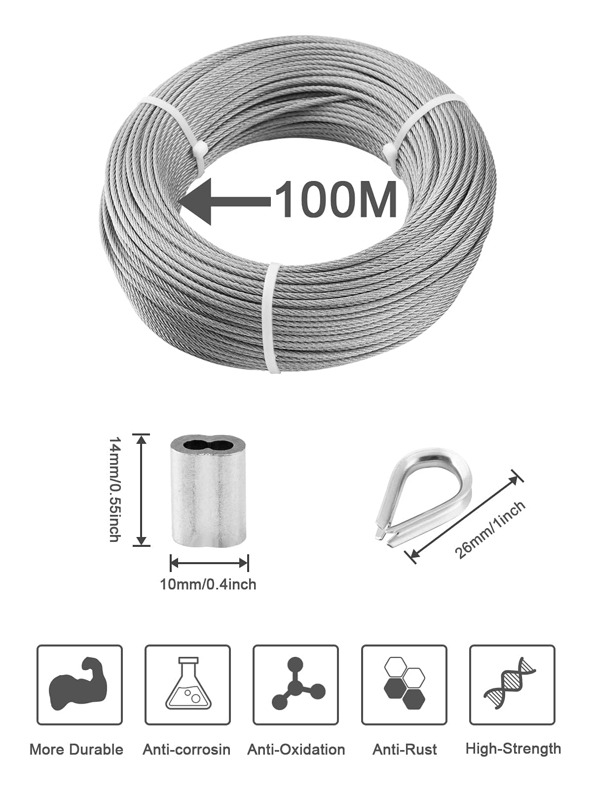TooTaci cable acero 3mm inoxidable, cable de cuerda de alambre de acero inoxidable de 100 m con mangas de prensado de aluminio y dedal de acero inoxidable