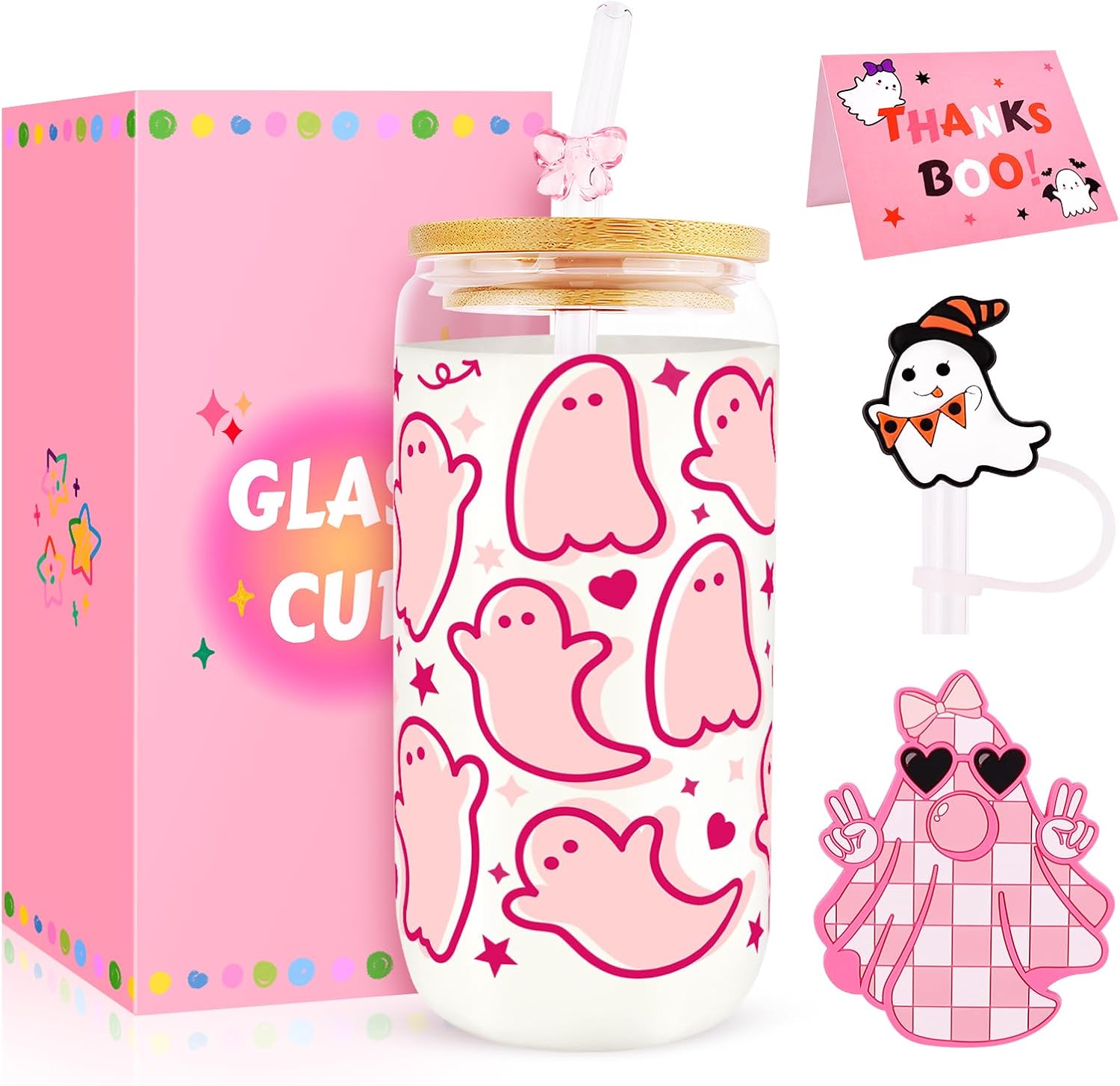 Halloween Glass Cups with Lids and Straws, Cute Halloween Gifts Basket for Women Girls Teens, 16oz Coquette Bow Iced Coffee Glass Cups Tumbler Mug Decorations Accessories Stuff