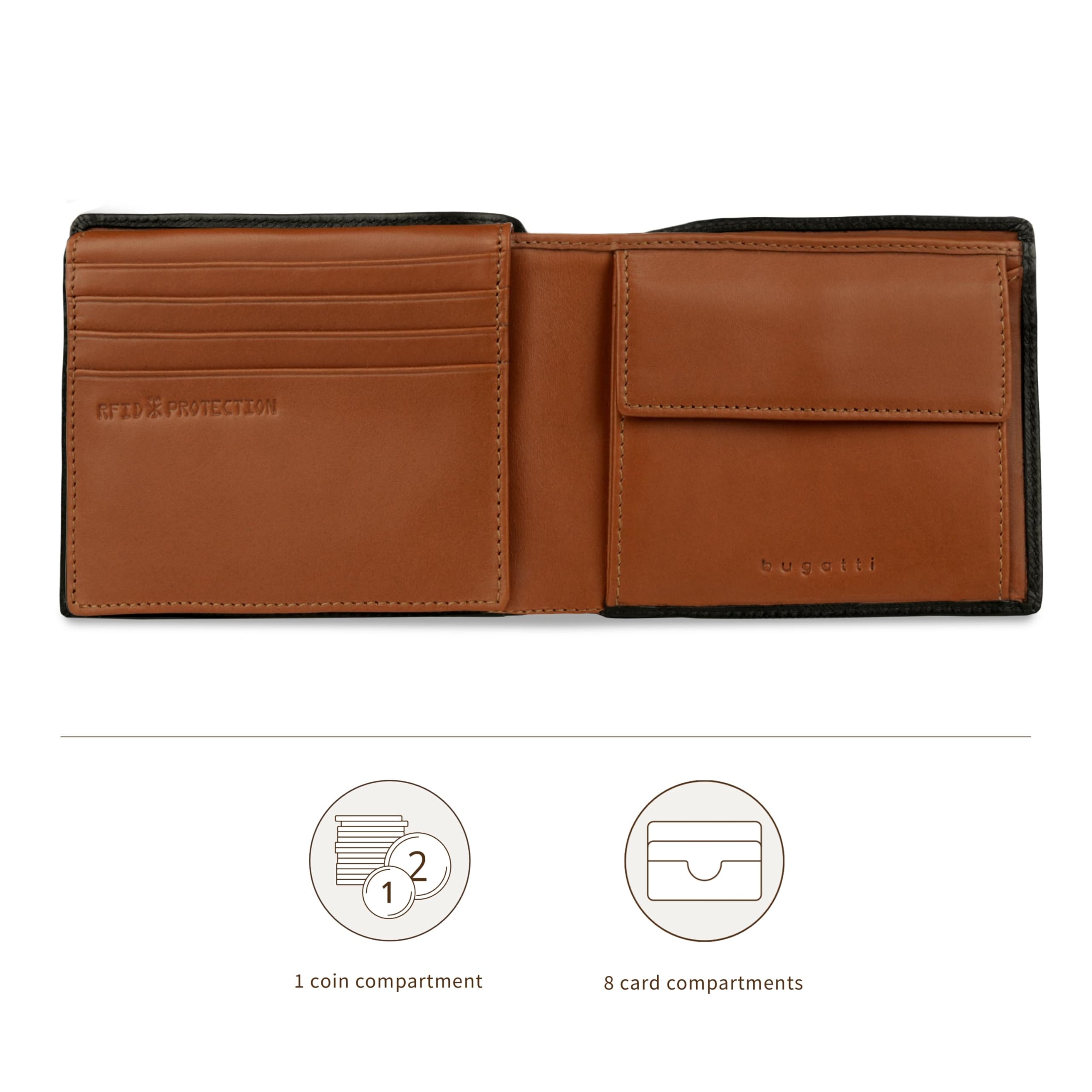 bugatti Roccia kleines Leder-Portemonnaie mit RFID-Schutz, Herren-Geldbörse in Saffiano-Optik, schwarz-Cognac