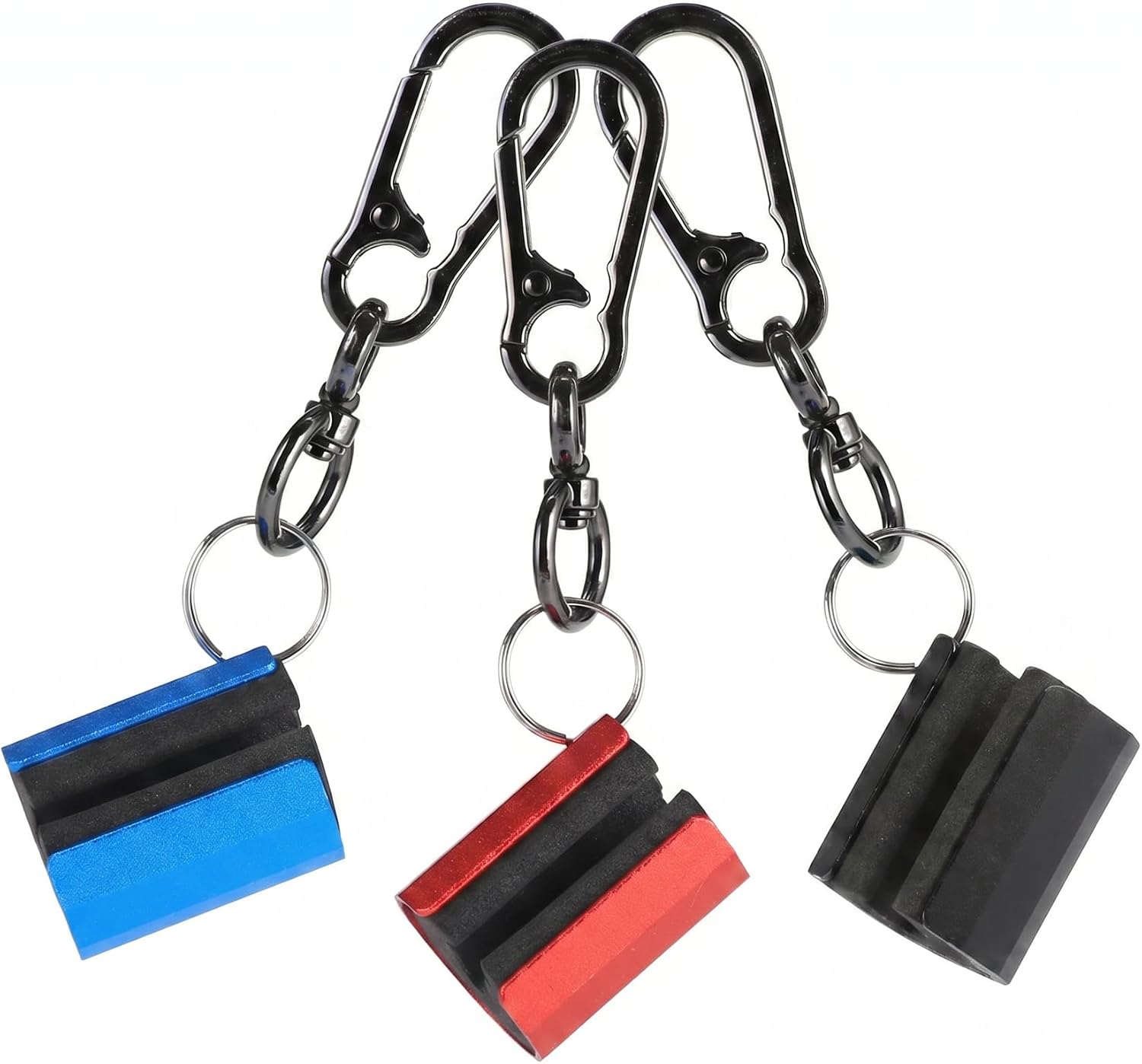 Delyle Fly Fishing Rod Holder Clip, Pack of 3 Red Blue Black | 360° swivel carabiner clip with shock absorbent EVA foam aluminum; attaches to fishing vest, belt, backpack for wading stream