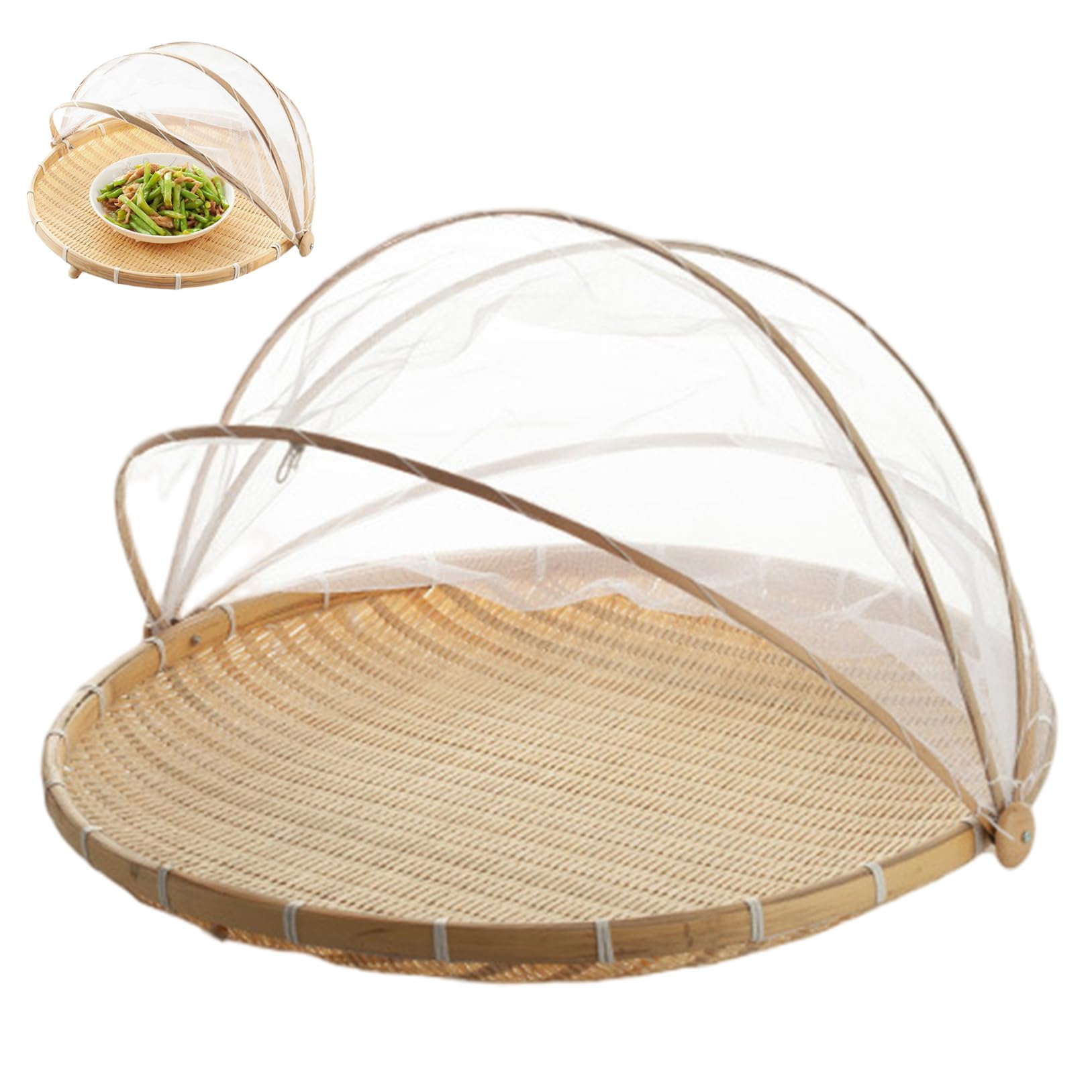 Ameble Mesh Fruit Basket with Lid 12 inch Bamboo Fruit Basket with Mesh Gauze Cover Outdoor Food Tent for Vegetables Fruits Bread & Home Food Storage with Lid with Li
