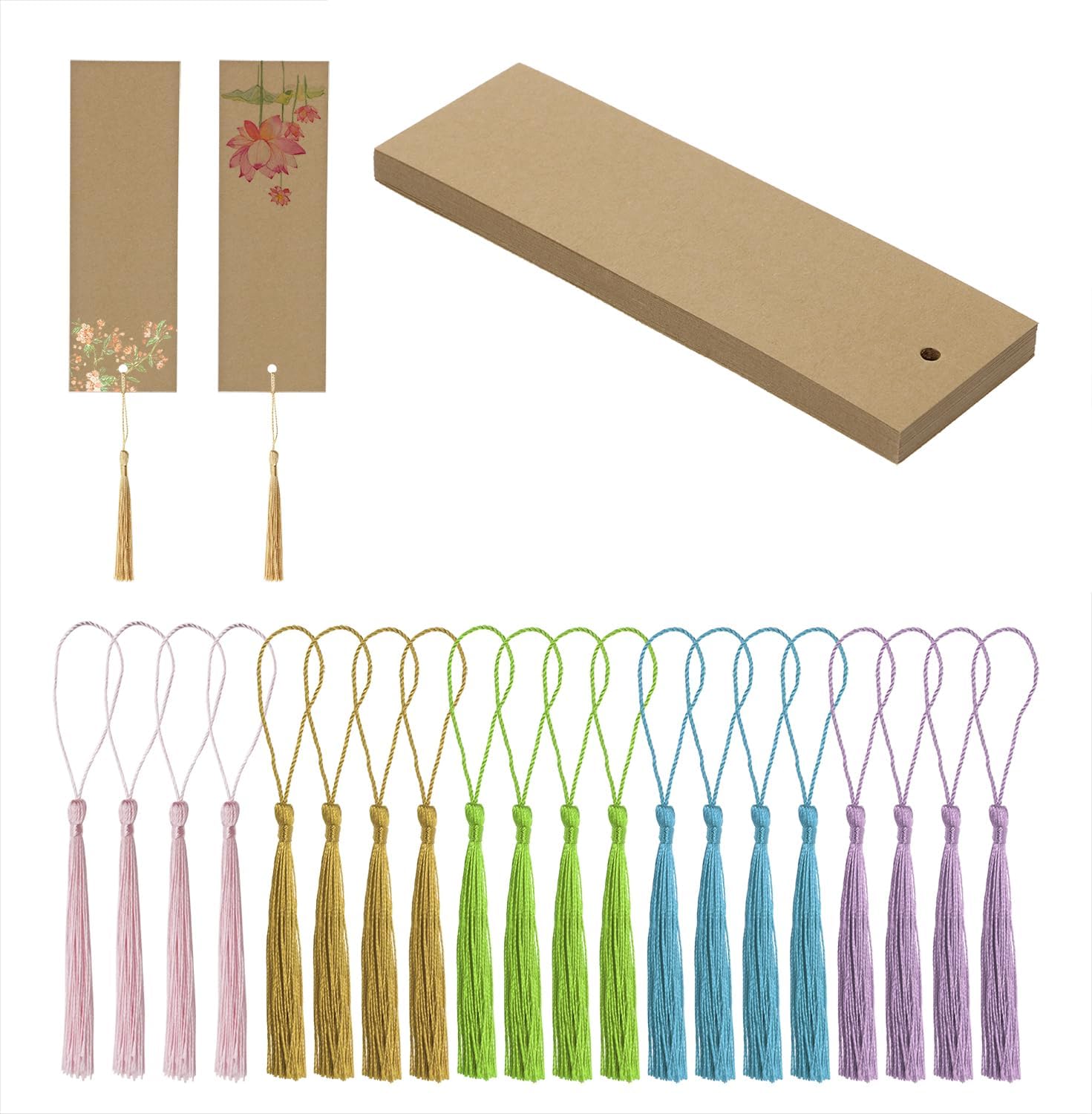 Book Page Marks with Tassel 20pcs Blank Kraft Paper Cardstock Book Page Marks Gift Tags and 20pcs Random Color Handmade Tassels for Earring Key Chain Jewelry Making and Craft DIY (White, 5.5x2inch)