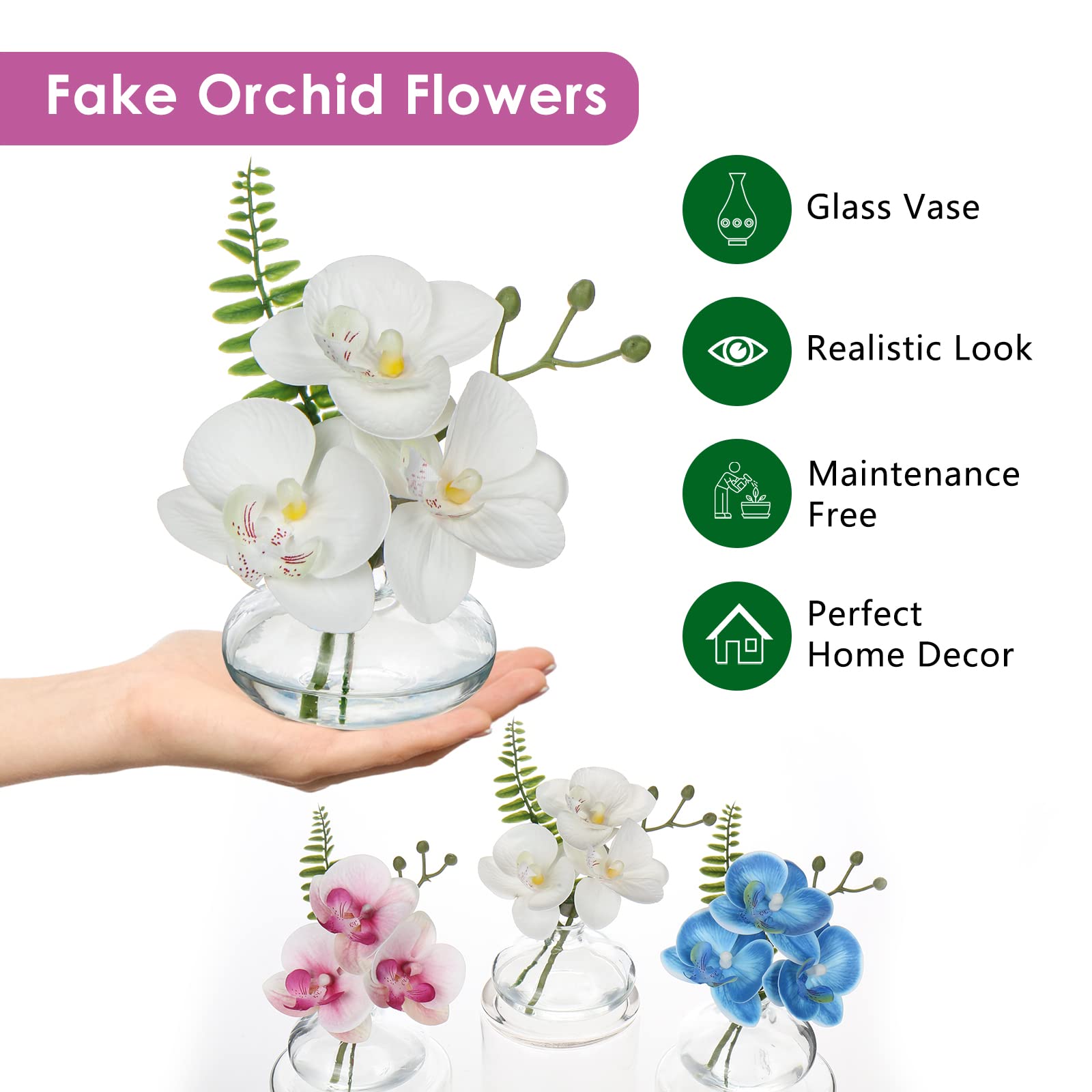White Orchids - Juego de 3 flores artificiales de orquídeas artificiales en jarrones de vidrio transparente, juego de 3 flores de orquídea Phalaenopsis de tacto real, centro de mesa pequeño de 2