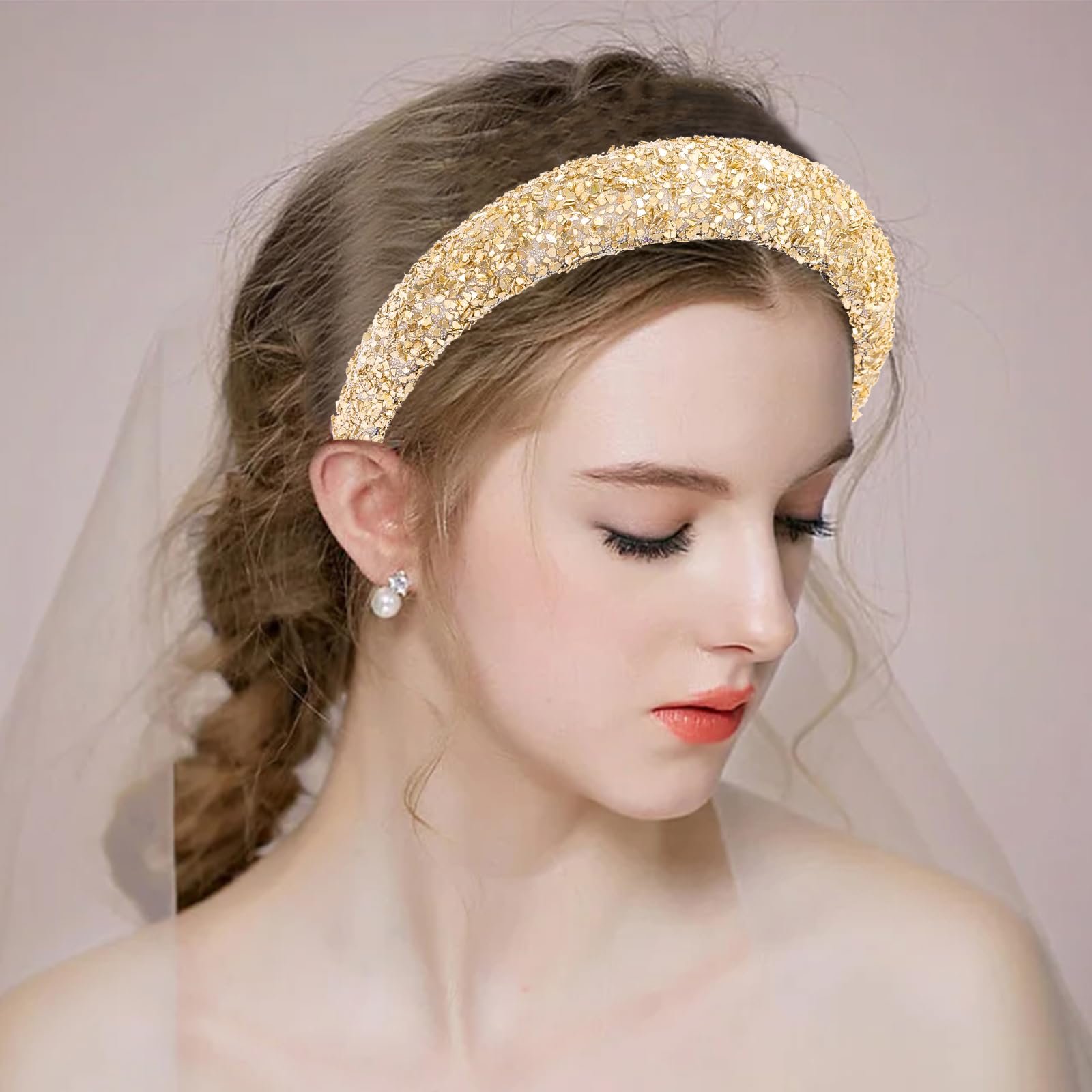 Goldfarbenes glitzerndes Haarband für Damen, modisches Glitzer-Haarband, glitzernd, breite Stirnbänder, bequem, hochelastisch, Haarreifen für Damen