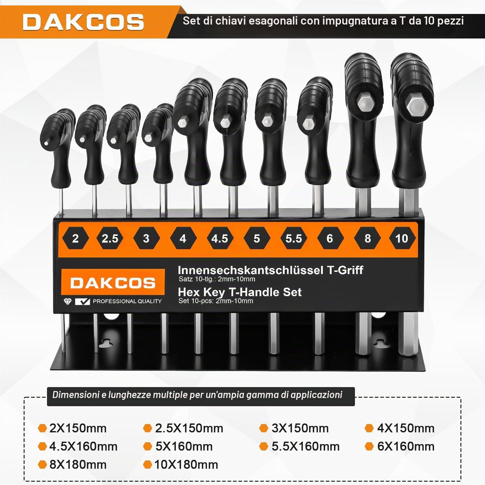 DAKCOS Set di 10 chiavi a brugola con impugnatura a T, con manico a T, metriche da 2 a 10 mm, con portapacchi, Cr-V