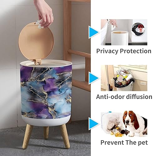 Miniatura 6 de Bote de basura pequeño con tapa para baño, cocina, oficina, pañal de hoja dorada, patrón de mármol sin costuras, acuarela azul, púrpura, acuarela,