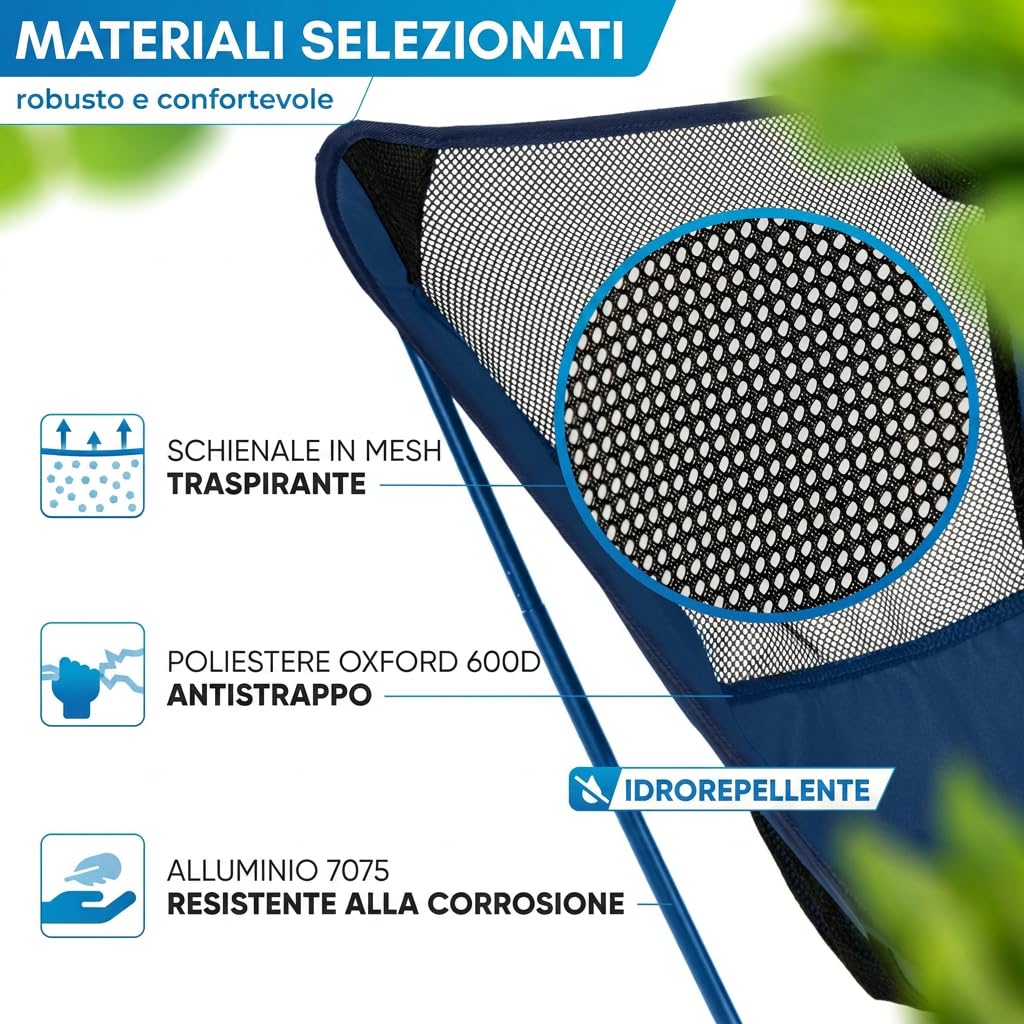 NORDMUT® Sedia da campeggio compatta e ultraleggera – con portata fino a 150 kg – Sedia pieghevole leggera in alluminio per campeggio, outdoor e festival (Blu 1x)