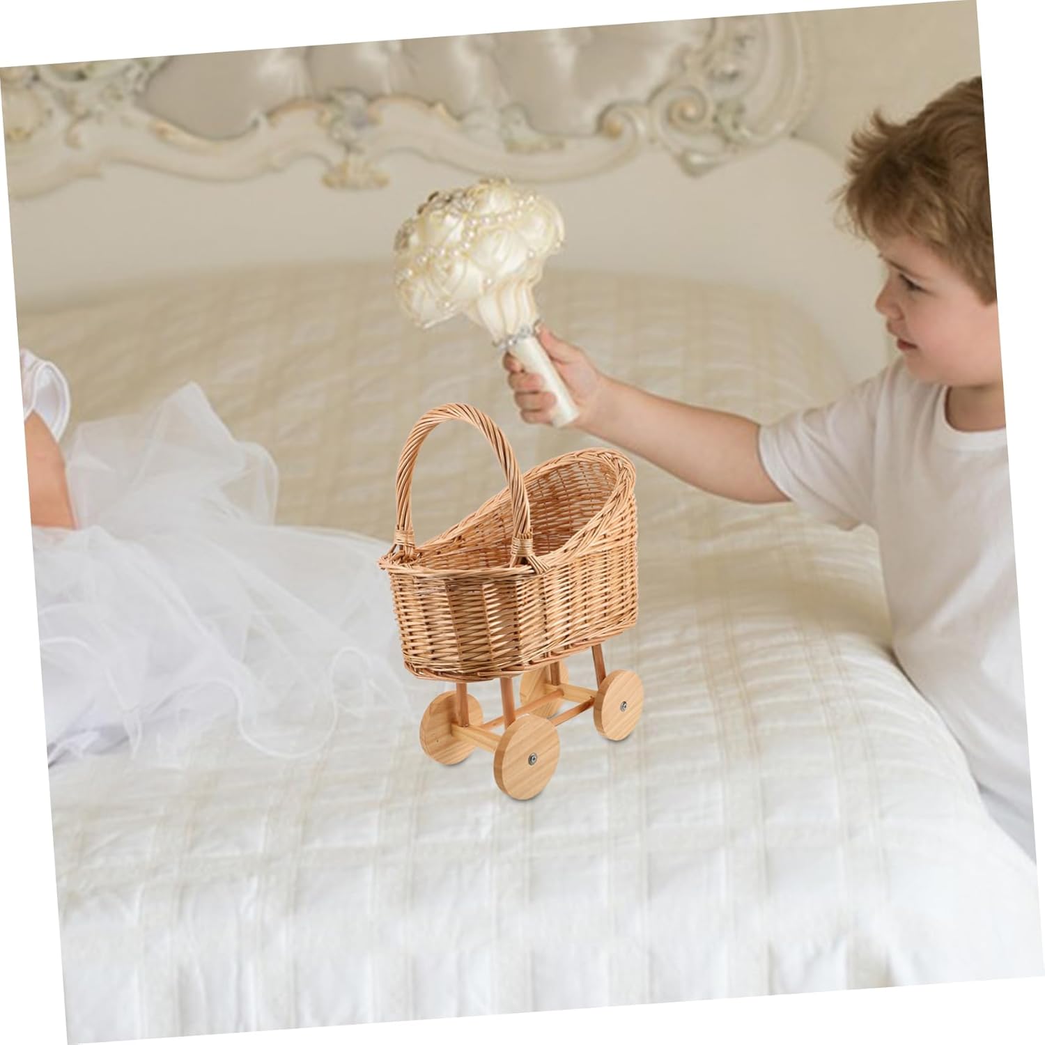 Yardwe Rattan Wedding Stroller for Showers Rustic Party Centerpiece Decorative Basket Lightweight Versatile Light