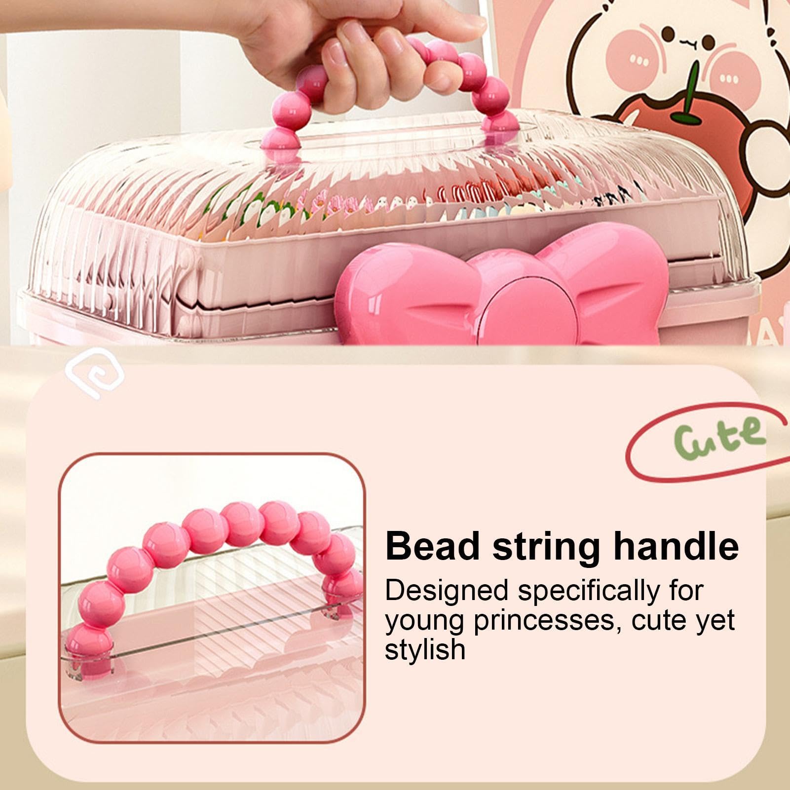 Organizer Per Capelli 3 Strati Con Forcine E Elastici - Scatola Porta Accessori In ABS Rosa Per Bambine - 3