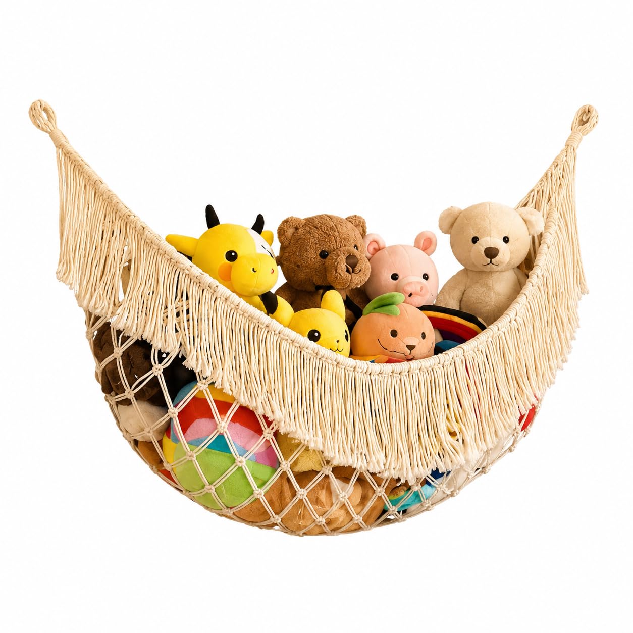 Macrame Toy Hammock Storage Net for Stuffed Animals | Boho Fringe Design, Wall Mounted, Kids Room Organiser, Cotton Rope Net, Corner Storage-image-4