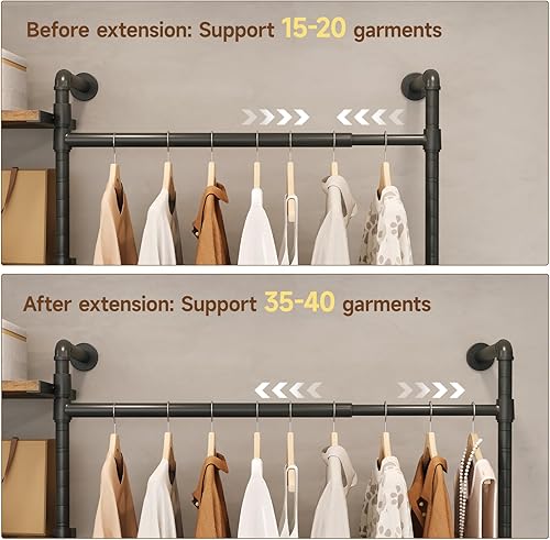 Miniatura 4 de Sistema de armario T3 con luz LED regulable continua, perchero industrial de tubería con 4 cajones, 6 estantes de madera y 4 varillas telescópicas