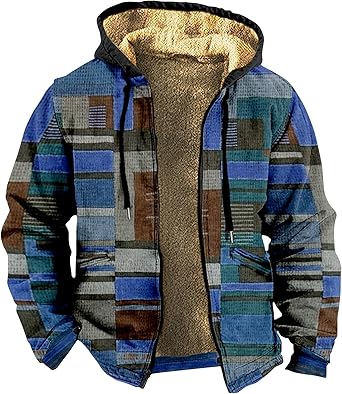 Sherpa Jacket Men Warm Fleece Plaid Warm Hoodies Zip Up Winter Hooded Jacket Comfy Casual Coat With Pockets Sweatshirt