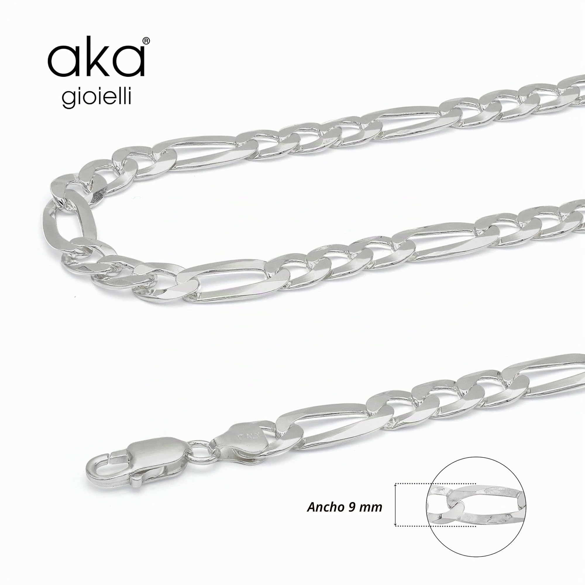 AKA Gioielli® - Cadena Figaro 9mm Plata De Ley 925 Maciza - Collar Hombre Mujer Largas: 50 55 60 70 cm
