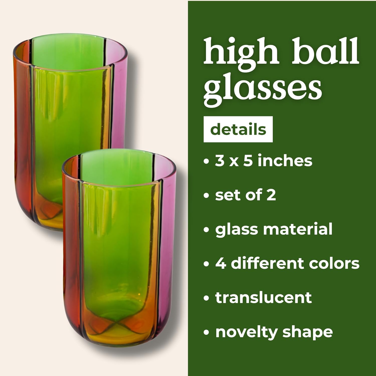 ban.do Bar Glass Set of 2, 17.5 oz Cute High Ball Glasses for Adults, Unique Drinking Glasses, Aesthetic Glassware for Bar Cart (Colorblock) - Image 7