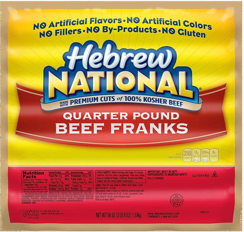 Hebrew National Quarter Pound Beef Franks, 56 Ounce -- 10 per case.